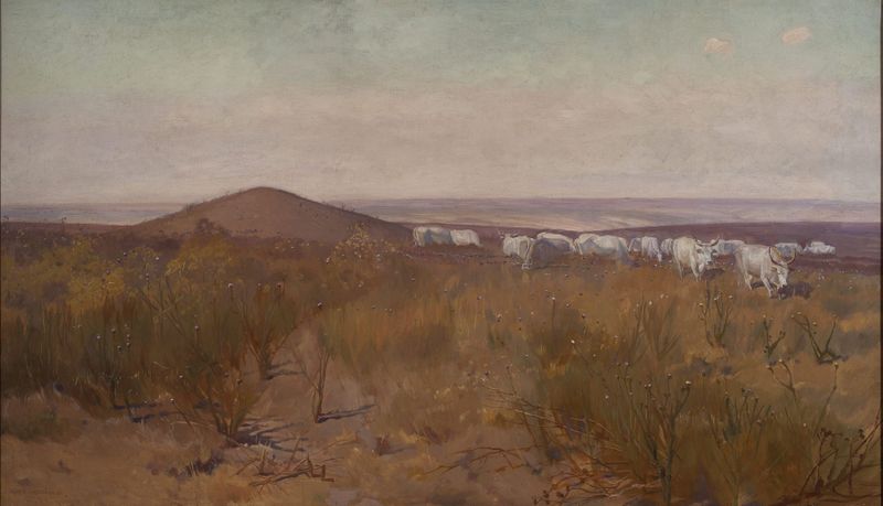 Burial Mound by Jozef Chelmonski, Symbolism, landscape with a burial mound under a sunset.