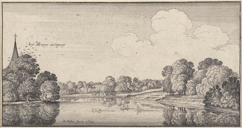 Riviergezicht met zwanen nabij Albury, grabado de Wenceslaus Hollar mostrando cisnes deslizándose por un río tranquilo