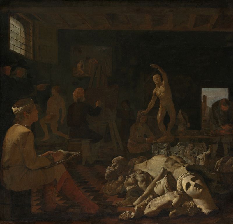 A painter’s studio scene with a young artist studying anatomy, oil on canvas by Michael Sweerts