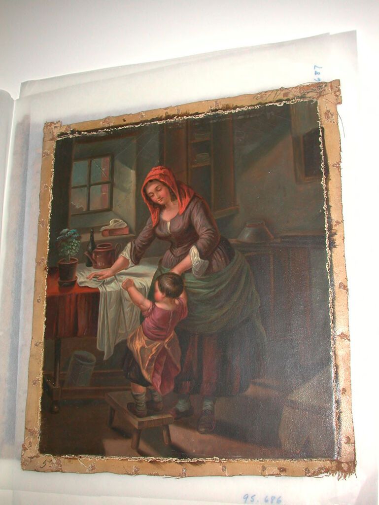 Pintura figurativa al óleo de un artista no identificado que muestra a un niño terco.