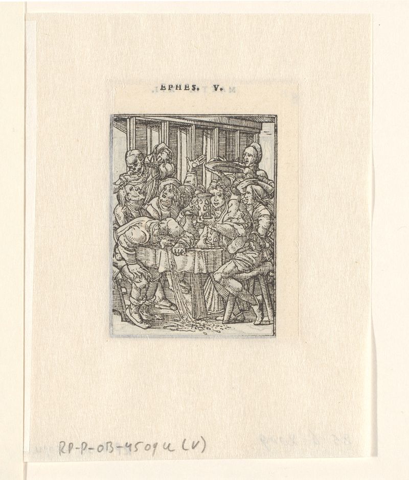Dronken man en de Dood de Hans Holbein, grabado en papel que representa a un hombre borracho y un esqueleto.