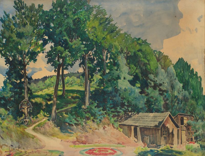 Garden in Bystra by Julian Falat, oil on canvas, featuring a vibrant garden with flowers and a solitary figure.