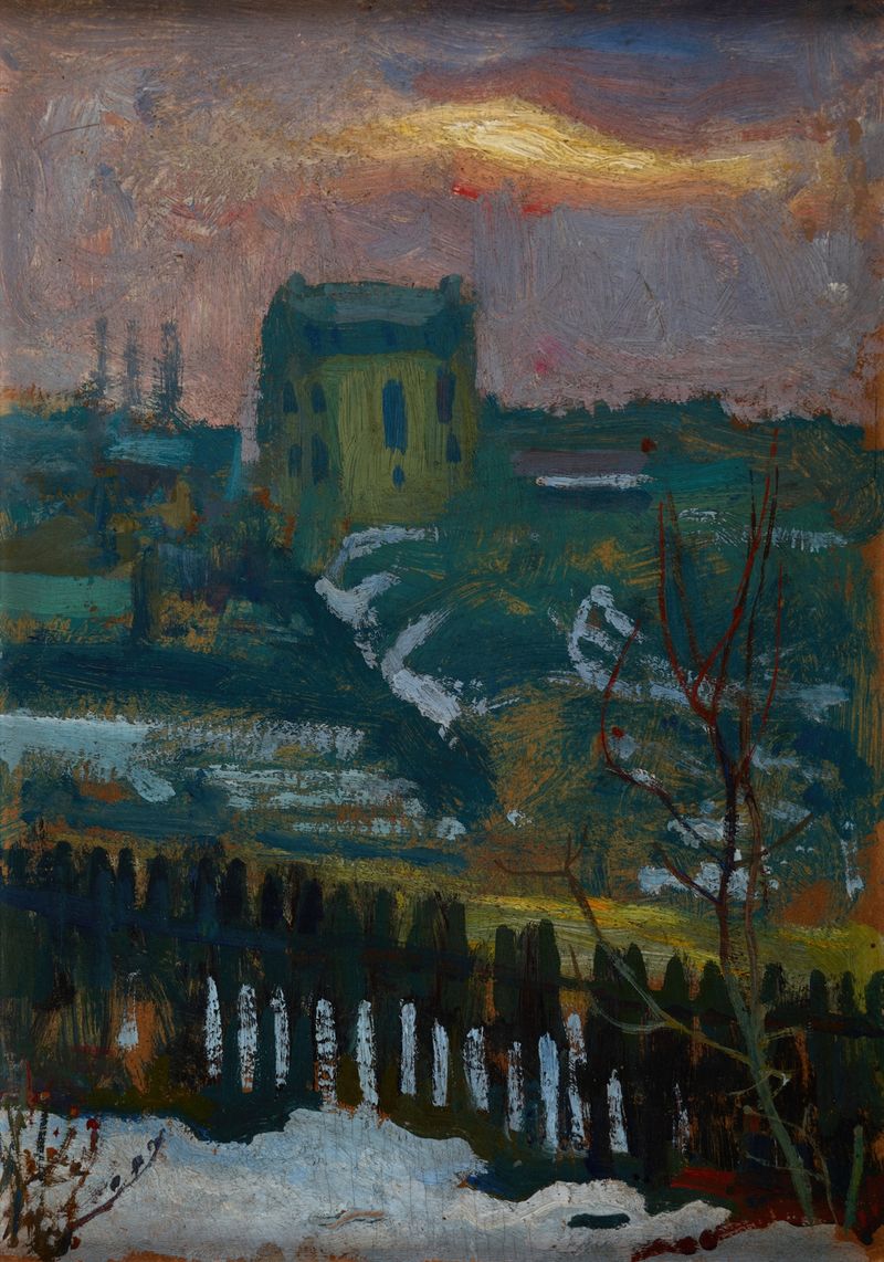 House in Winter by Jan Stanisławski, oil painting of a house surrounded by snow in a winter landscape.