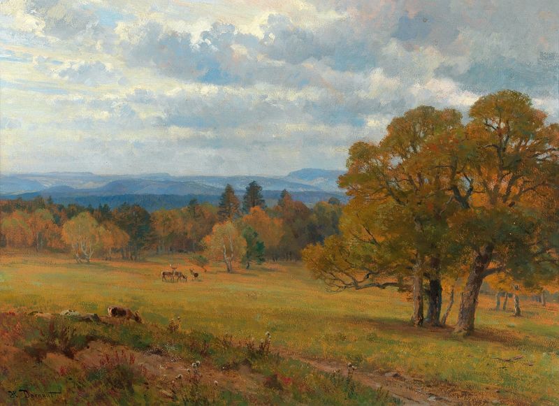 Paisaje que representa un claro sereno en verdes exuberantes de Hugo Darnaut, Impresionismo