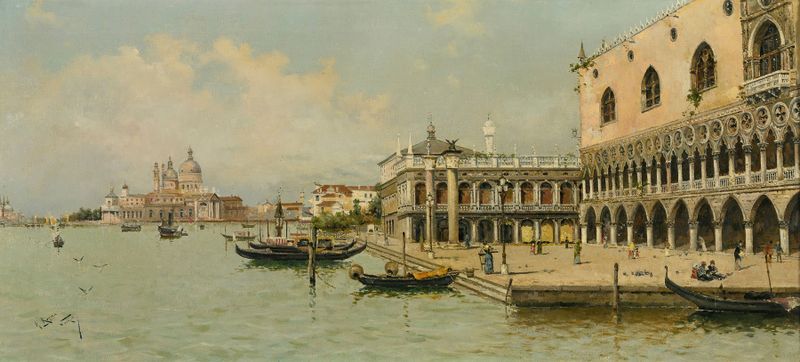 Gondolas sway in the water near the Doge’s Palace, oil on canvas by Antonio María de Reyna Manescau