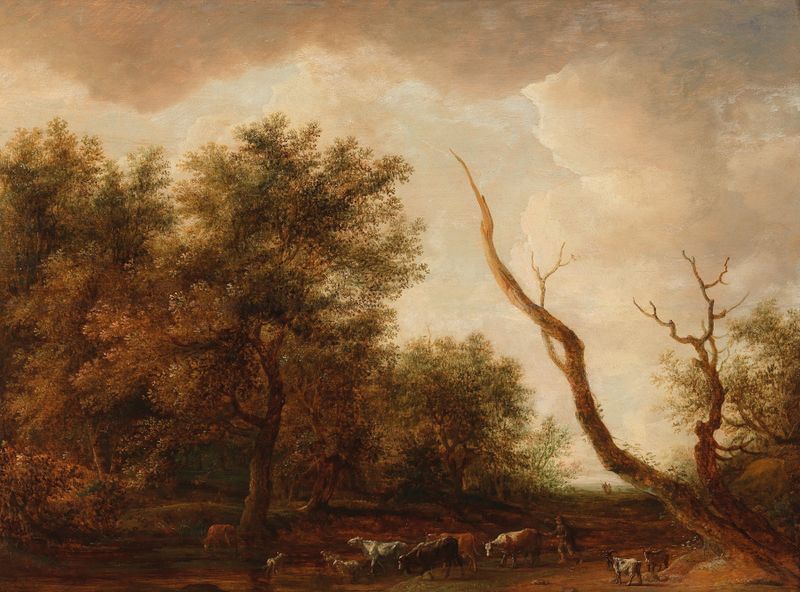 Wooded landscape featuring a shepherd and his flock, oil on panel by Dirck Dalens