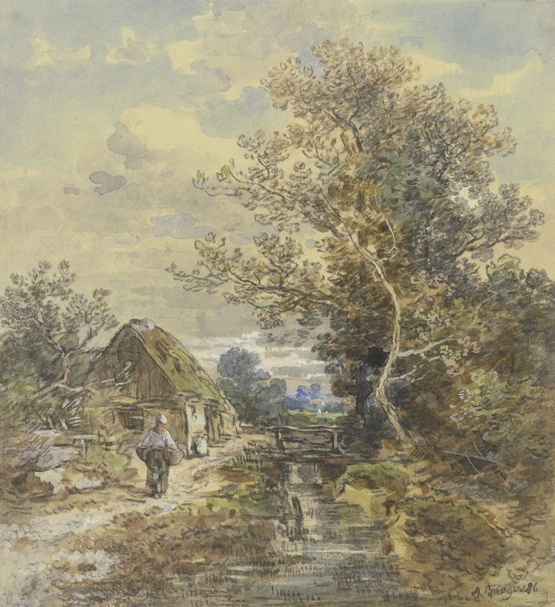 Paisaje con un arroyo y una mujer de Anton Burger, pintura al óleo