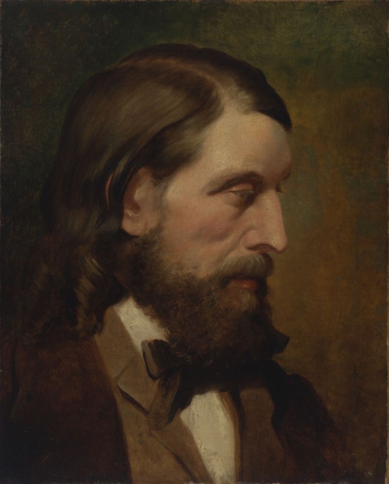 Retrato de un hombre de Frederic George Stephens, óleo sobre lienzo, destacando su expresión pensativa.