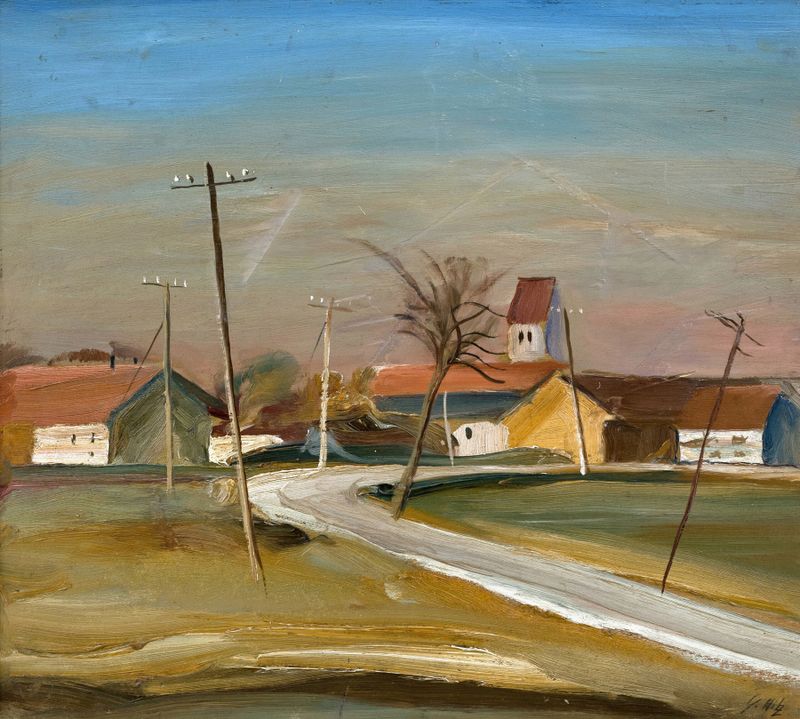 Paisaje con postes telefónicos, óleo sobre lienzo de Georg Hilz