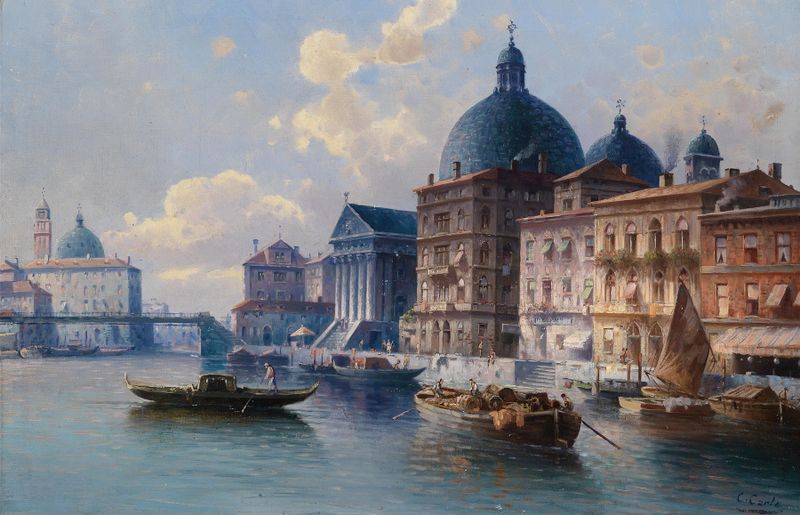 Venedig San Simeone de Karl Kaufmann, óleo sobre lienzo que representa San Simeone Piccolo con luz luminosa.