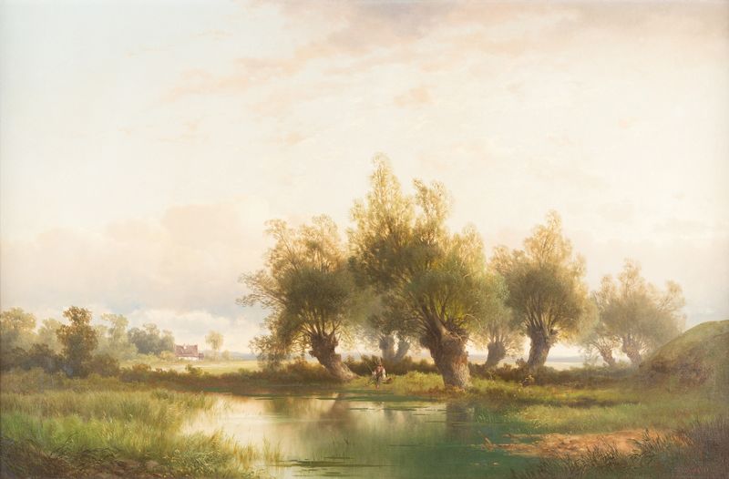 Angler under willows, oil on canvas by Carl Hasch, depicting a serene river scene with willows.
