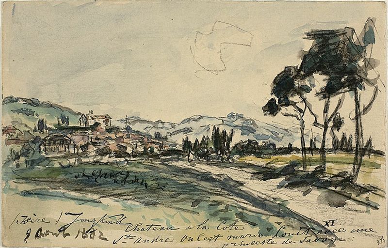 Óleo sobre lienzo de Johan Barthold Jongkind que representa un chateau al atardecer.