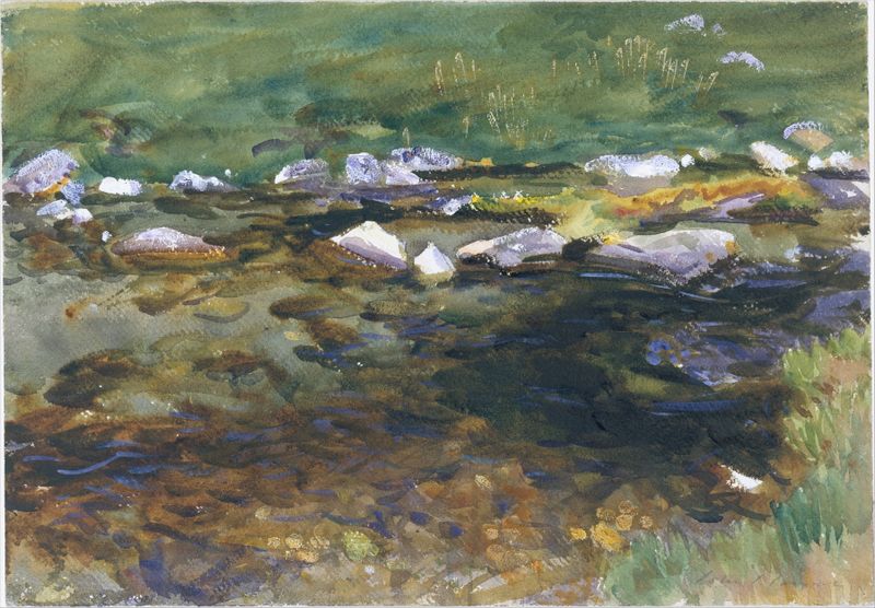 Brook and Meadow by John Singer Sargent, oil on canvas depicting a serene landscape with green grass and a flowing brook.