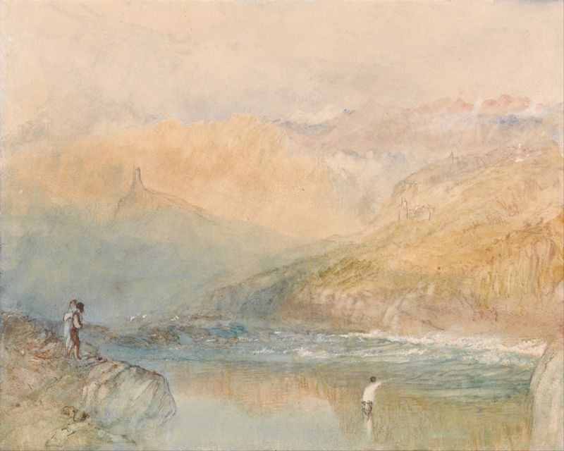 On the Mosell, Near Traben Trarbach de Joseph Mallord William Turner, óleo sobre tela que representa uma paisagem de rio t...