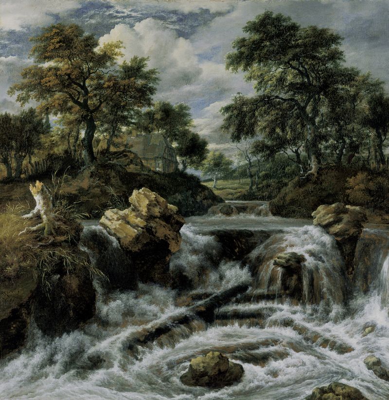 Waterfall in the Foothills de Jacob van Ruisdael, pintura a óleo que retrata uma cascata em uma paisagem exuberante
