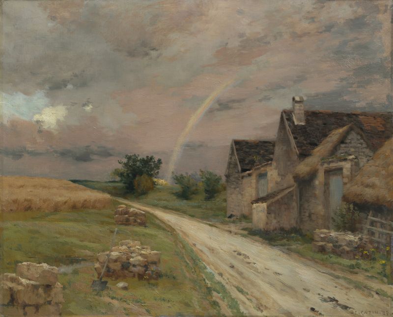 Landscape oil painting by Jean Charles Cazin depicting dawn with mist and colorful sky.