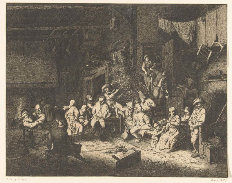 Gravura de cena de gênero de Unknown Artist mostrando figuras em uma taverna com luz de vela.