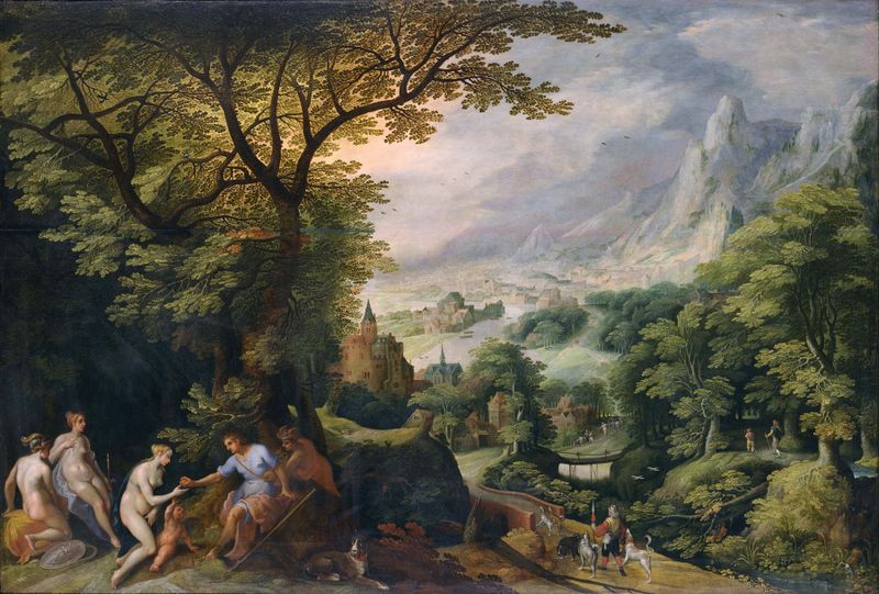 Landscape with the Judgement of Paris by Gillis van Coninxloo, oil painting depicting mythological figures in a lush forest.