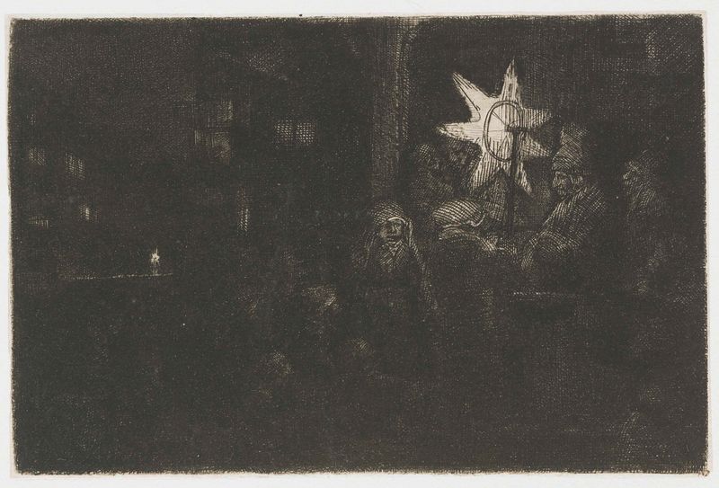 Gravura de Rembrandt van Rijn com uma figura luminosa em claroscuro.