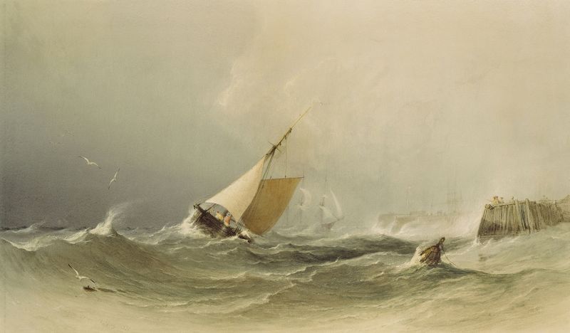 Bridlington Harbour by Copley Fielding, oil painting depicting sailboats and shimmering water