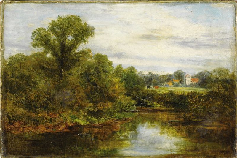 Pintura al óleo de Edward Mitchell Bannister que representa un río y un follaje exuberante bajo la luz cálida del sol.