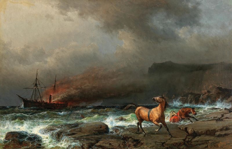 The Wreck of the Anglo Saxon, oil on canvas by Anton Melbye, depicting a shipwreck on a rocky shore.