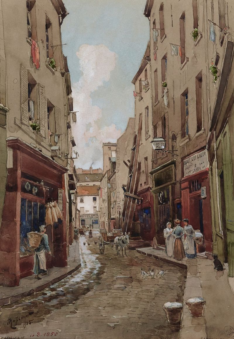 Escena de género con figuras animadas en Rue Saint-Médard en 1905 de Fédor Hoffbauer, óleo
