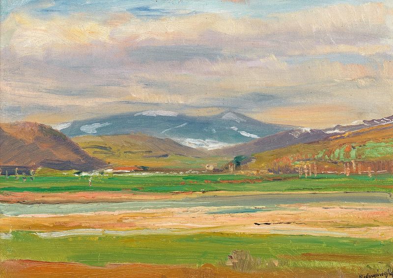 A Spring Landscape at the Foot of the Tatras by Ladislav Mednyánszky, impressionism, depicting hills and a winding path.