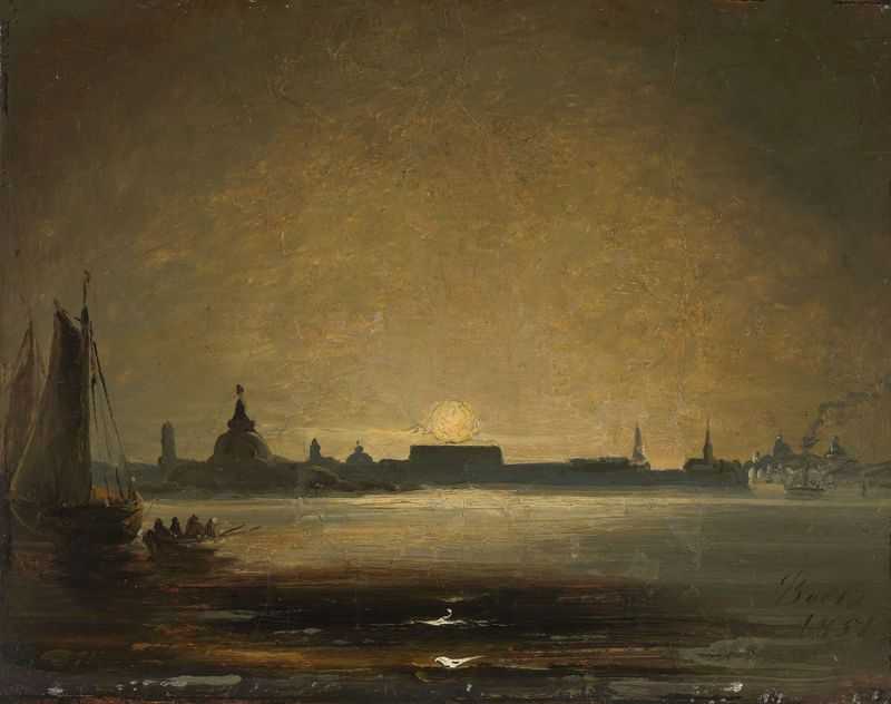 Dresden in Moonlight de Peder Balke, óleo que muestra un río bajo la luz de la luna con siluetas distantes.