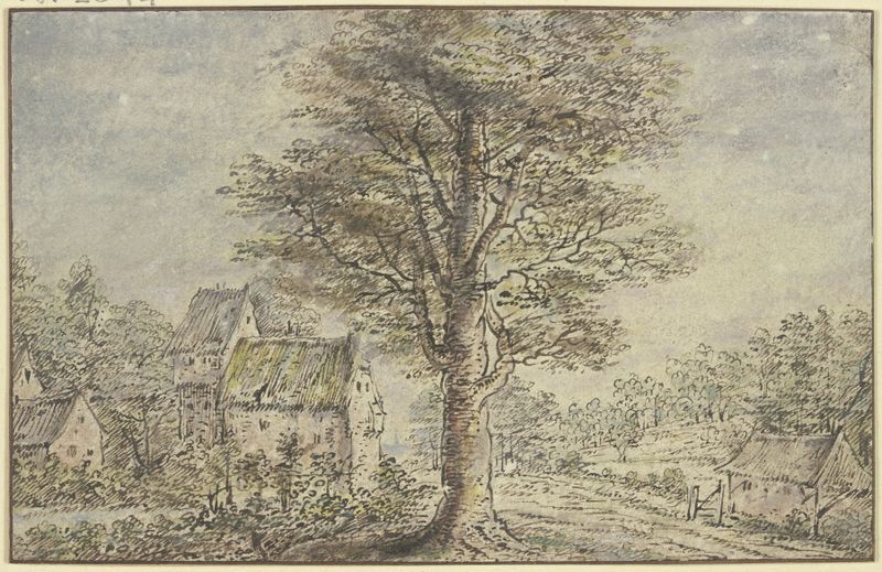 Paisaje al óleo sobre panel de Lucas van Uden que representa una aldea con un árbol central.