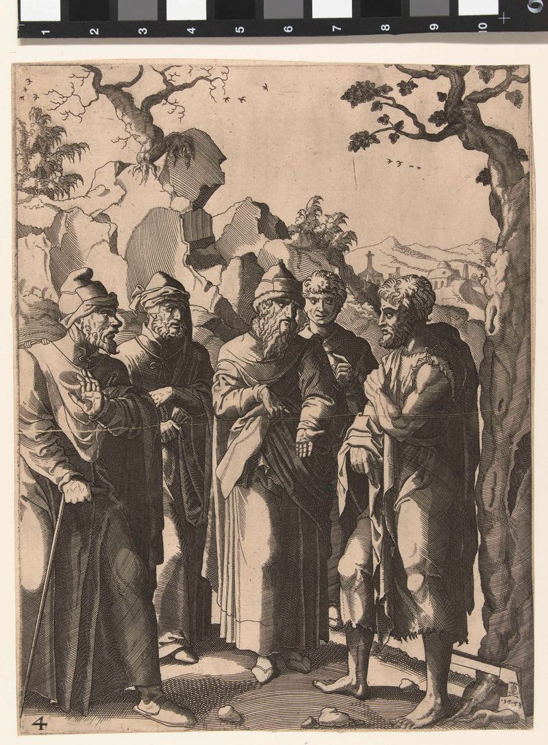 Gravura de Hans Liefrinck (I) mostrando um profeta e quatro homens em conversa.
