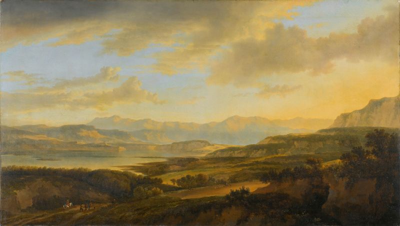 Paisagem do Lago de Zurique por Jan Hackaert, pintura a óleo