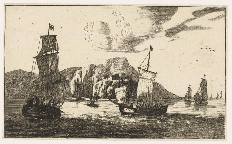 Vissersboten in een baai, grabado de Unknown Artist mostrando barcos de pesca en aguas tranquilas