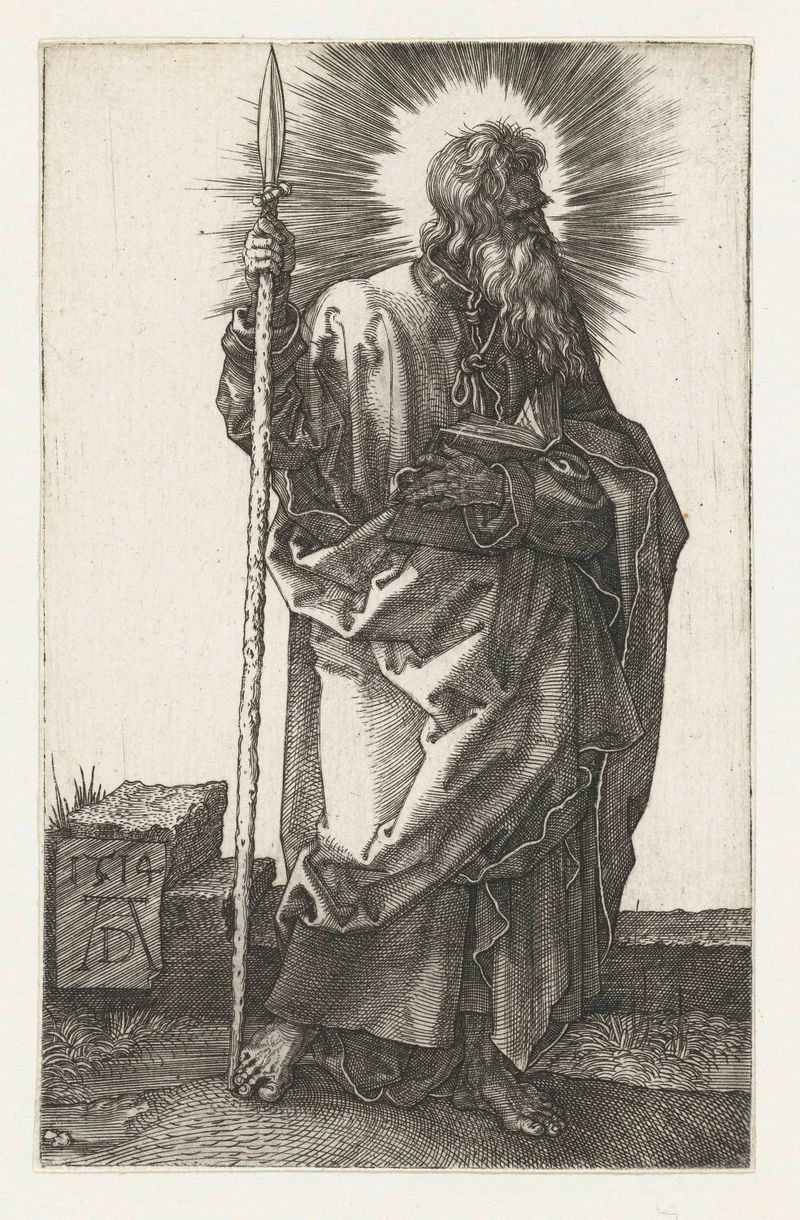 Gravura De apostel Thomas de Albrecht Dürer mostrando o apóstolo em contemplação