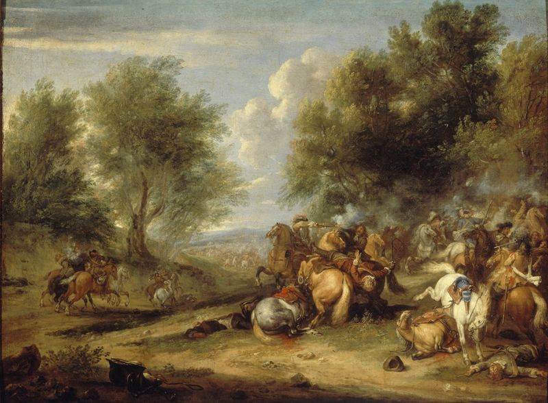 Cavalry battle scene by Adam Frans van der Meulen, oil on canvas