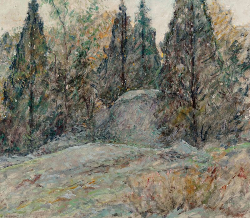 Landscape featuring cedars and rocks by Robert Reid, oil painting
