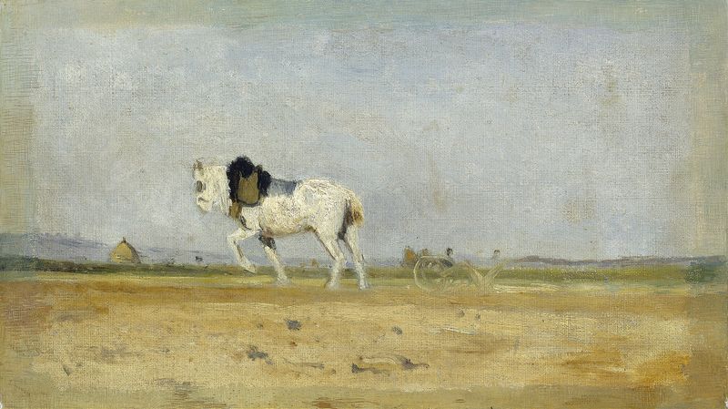 Un caballo de arado en un campo, pintura al óleo de Stanislas Lépine