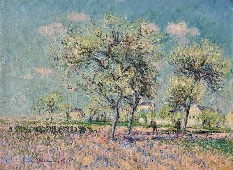 Paisaje de campos verdes y cielo de Gustave Loiseau, pintura al óleo