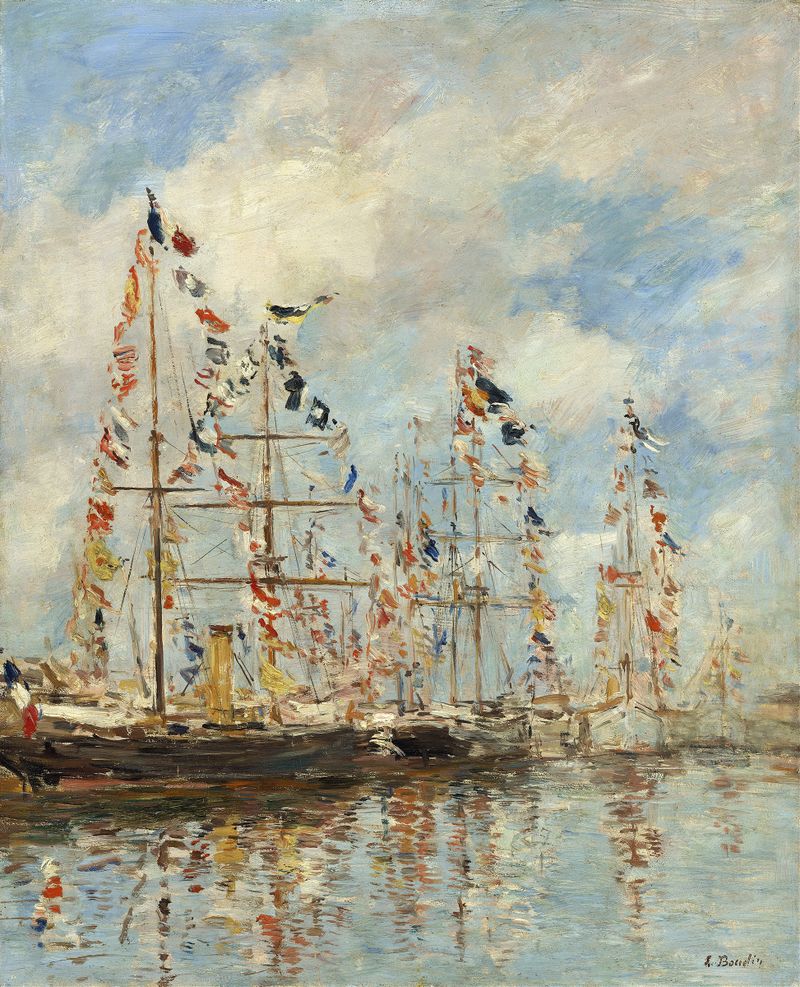 Yacht Basin at Trouville-Deauville, óleo sobre tela de Eugène Boudin, retratando barcos na água com luz suave.