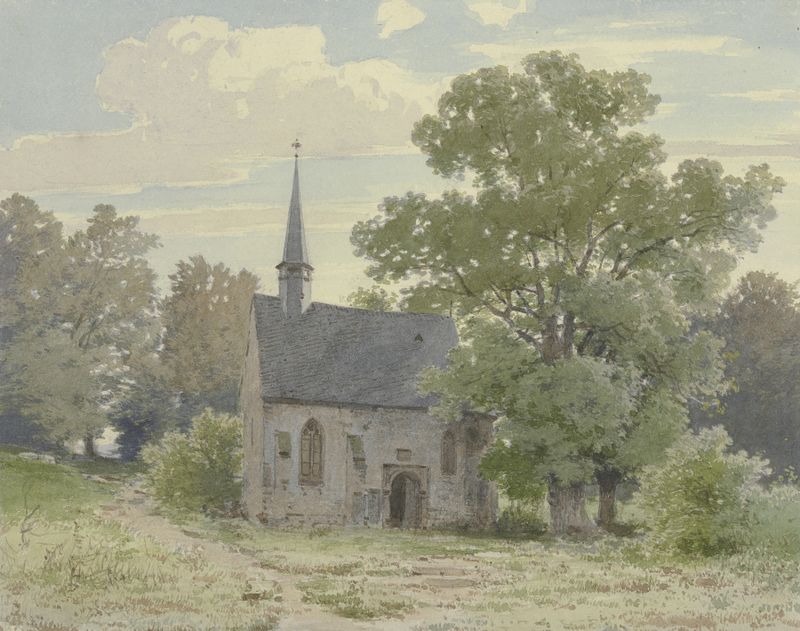 Chapel near Ockstadt by Carl Theodor Reiffenstein, oil on canvas depicting a tranquil landscape