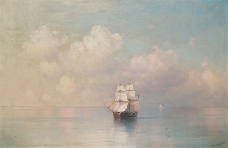 Calm Seas de Ivan Konstantinovich Aivazovsky, pintura a óleo que retrata um oceano e céu serenos.