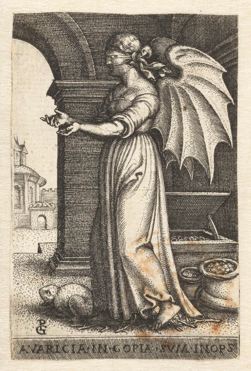 Gravura de Georg Pencz representando uma alegoria da ganância com uma figura central em robes esmeralda.