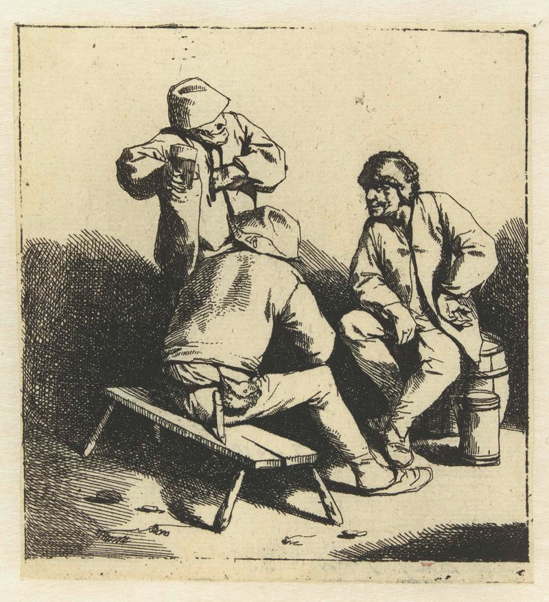 Três homens bebendo em uma gravura de Cornelis Pietersz. Bega