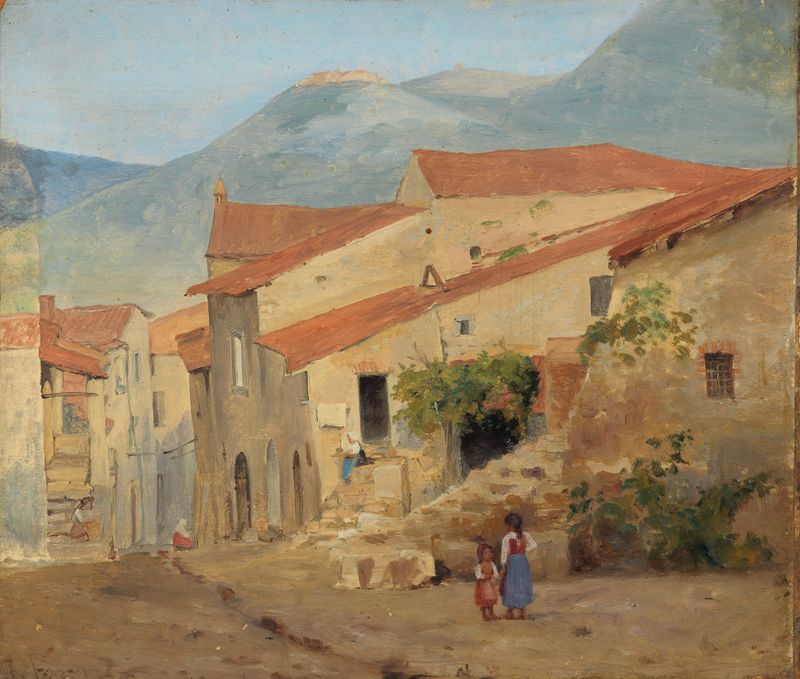 Village street in the Sabine Mountains, oil painting by Jørgen Sonne