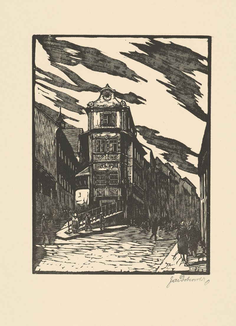 Obra figurativa de Jaroslav Dobrovolský, 1929, que representa una escena urbana bulliciosa.
