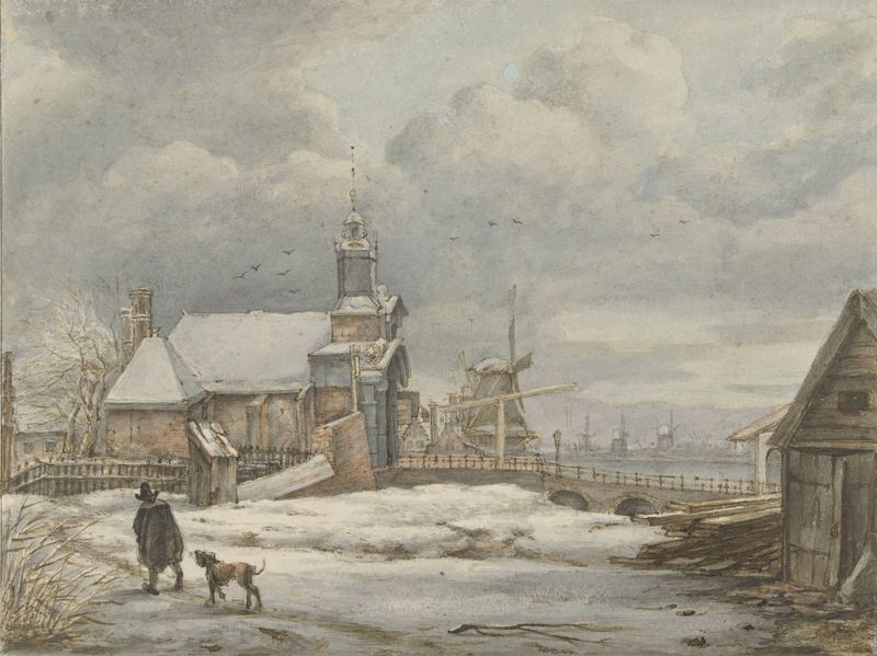 Pintura al óleo de Albertus Brondgeest que muestra Haarlemmerpoort en Ámsterdam con un cielo tormentoso.