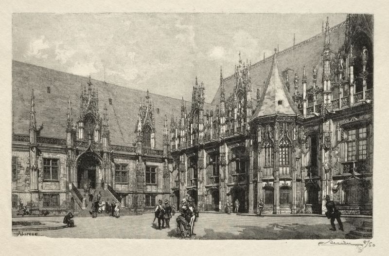 Le Palais du Justice de Auguste Louis Lepère, impressionismo, retratando águas tranquilas e arquitetura elegante.