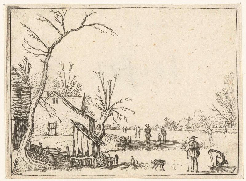 Winter landscape with a farmhouse and skaters on ice, etching by Esaias van de Velde