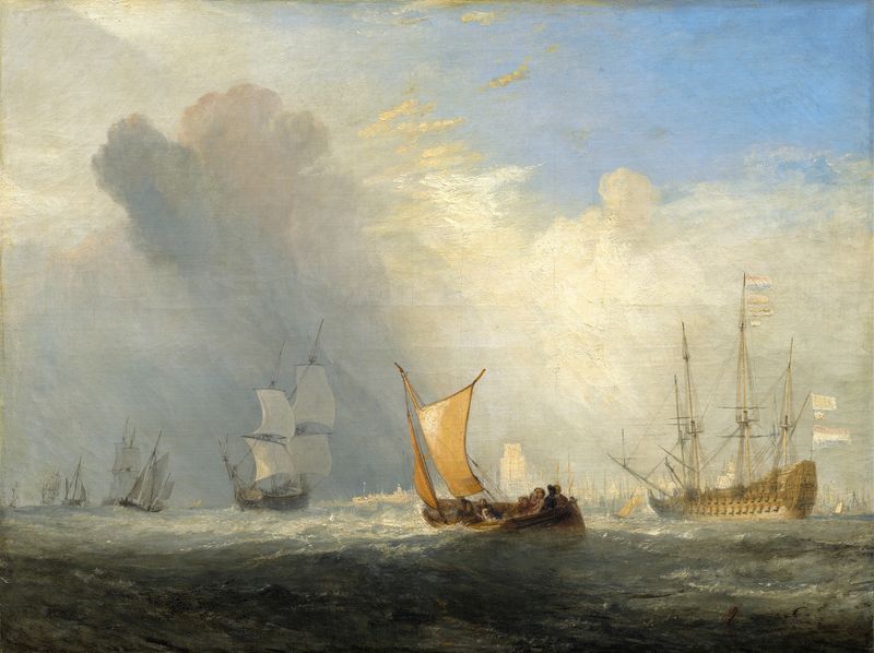 Rotterdam Ferry-Boat de Joseph Mallord William Turner, óleo sobre tela que retrata uma balsa em águas calmas.