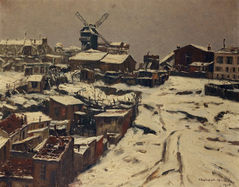 Montmartre, effet de neige de Georges Chenard-Huché, óleo sobre tela que retrata uma paisagem de vila nevada.
